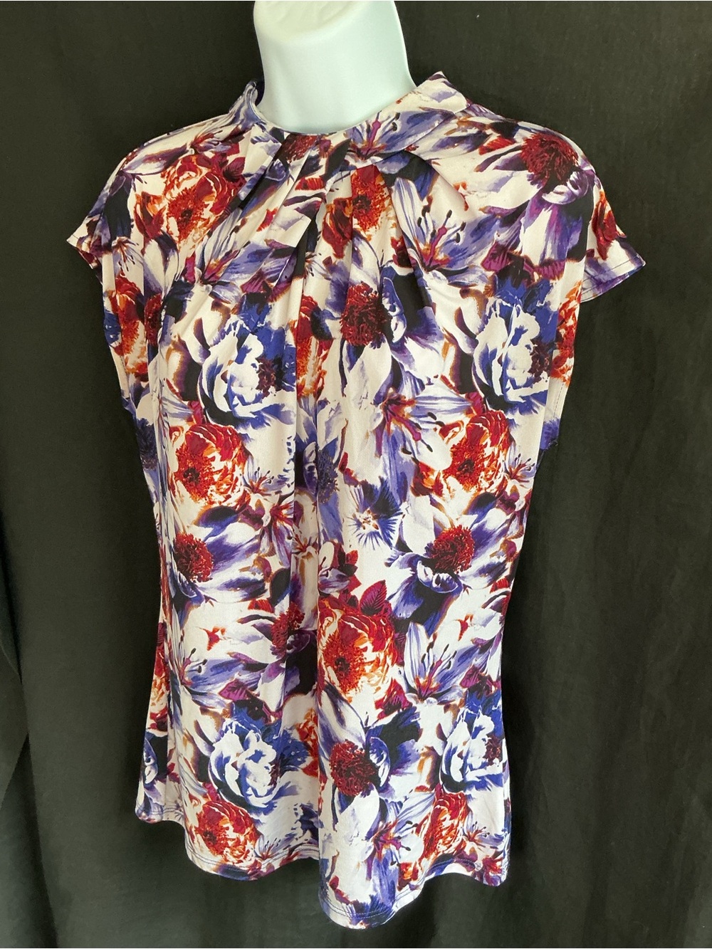 Worthington Floral Pleat Neck Cap-Sleeve Top - Cream, Red & Purple